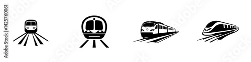 Black icon collection illustrating different styles of trains and railway cars in a minimalistic design