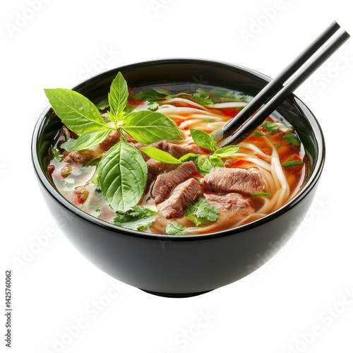 Bowl of flavorful pho with tender beef, fresh herbs, and rice noodles presented elegantly