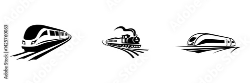 Set of black train icons showcasing different styles of locomotion for transportation and rail enthusiasts