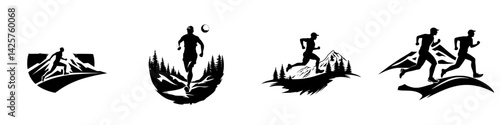 Unique black icons representing outdoor running and mountain adventures in a minimalistic style