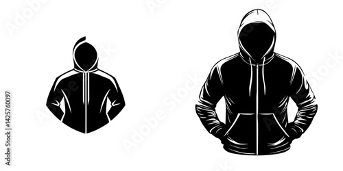 Black hoodie icons featuring two styles representing casual wear and street fashion in a minimalist design