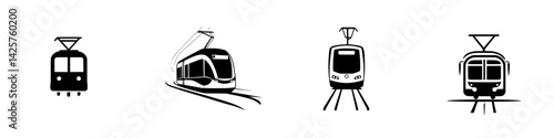 Black icon set featuring various styles of tram and light rail vehicles for transport design