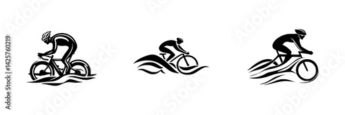 Set of three black cycling icons representing different biking postures and styles