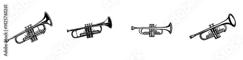 Set of black icon trumpets featuring various angles and styles, showcasing musical instruments with distinct designs