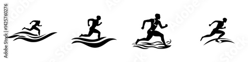 Dynamic black silhouette icons depicting running figures in various athletic poses on water and ground surfaces
