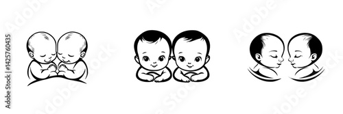 Illustrations of twin babies sharing moments of affection and connection, featuring playful and loving expressions in a monochromatic style