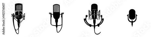 Black icon set featuring various microphone designs suitable for audio production and broadcasting