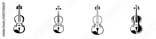 Set of black violin icons showcasing different views and designs within a minimalistic style that highlights their elegance and craftsmanship