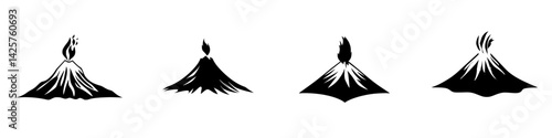 Black volcano icons depicting various styles and eruptions for graphic design use