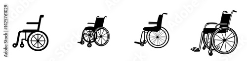 Black icon set featuring various wheelchair designs showcasing accessibility and inclusivity