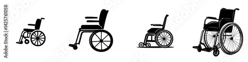 Set of black icons representing various styles of wheelchairs and mobility aids in a minimalist design