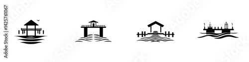 Set of black icons representing various types of piers and docks in a minimalist style