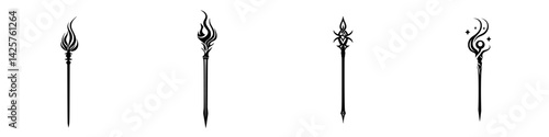 Set of four black icons representing different stylized torch designs, suitable for various applications in graphics and art