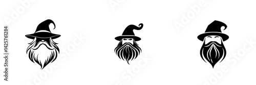 Set of black icons featuring various designs of wizard and magician characters with unique hats and beards