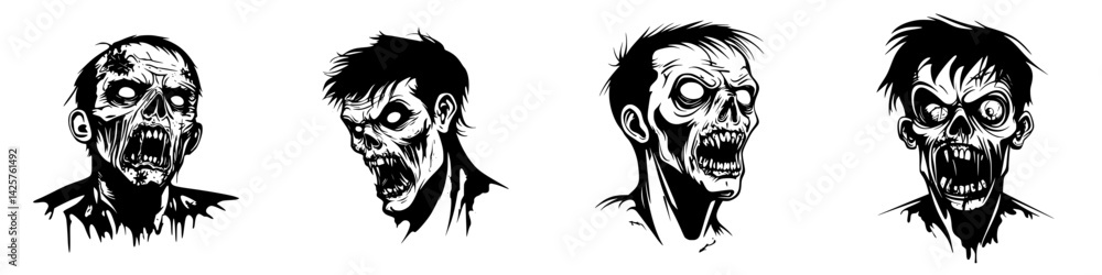 Unique black icon illustrations of distressed zombies screaming with terror and rage in various poses, highlighting haunting features and expressions Unique black icon illustrations of distressed zombies screaming with terror and rage in various poses, highlighting haunting features and expressions