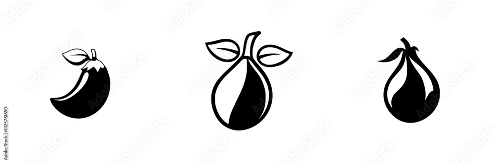 Set of black icons featuring various eggplant designs suitable for culinary projects and graphic design Set of black icons featuring various eggplant designs suitable for culinary projects and graphic design