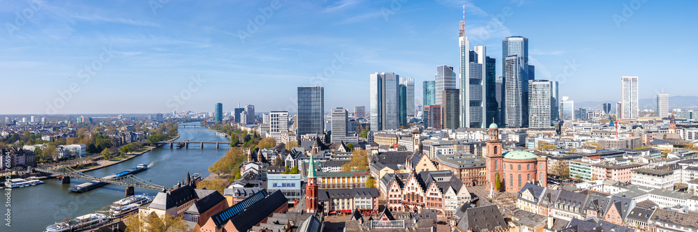 Frankfurt skyline skyscrapers in city center with the Römer and Main river panorama from above in Frankfurt, Germany