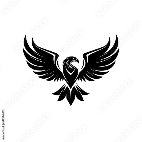 Black eagle icon design featuring detailed wings and sharp features, suitable for branding or artistic purposes