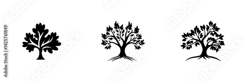 Set of black tree icons featuring different leaf designs on a white background