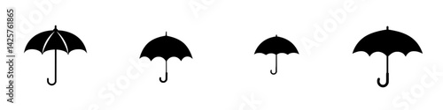 Set of black umbrella icons showcasing various designs and sizes for diverse digital applications