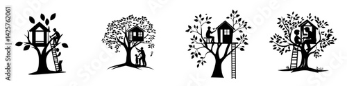 Creative people building a treehouse over time with four black icons showing different stages of construction