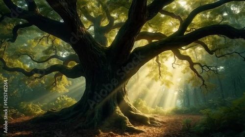 The towering banyan tree spreads its ancient roots wide, sheltering life beneath its sprawling branches.
