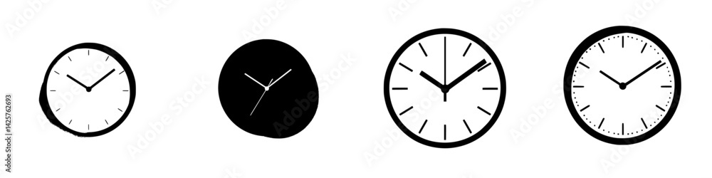Different styles of black clock icons displaying various times with simple designs Different styles of black clock icons displaying various times with simple designs