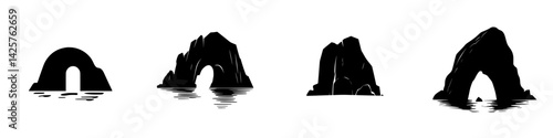 Set of black icons depicting rock formations and arches near water, ideal for various design projects and applications