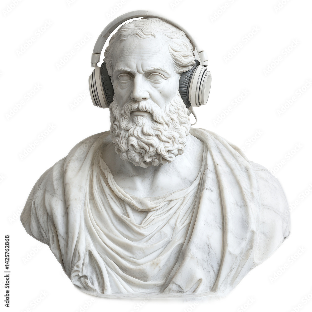 Fototapeta premium Ancient Greek Plato sculpture wearing headphones, marble sculpture, modern art. Isolated on whiter or transparent background