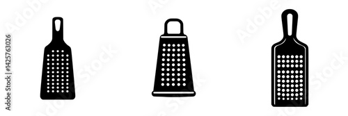 Set of three black kitchen graters designed for various food preparations and culinary tasks displayed on a white background