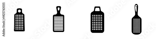 Black icon set of various kitchen graters showcasing different designs and styles for culinary enthusiasts and home cooks