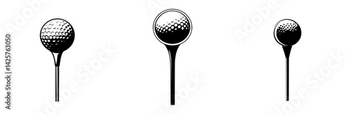 Set of black icons featuring golf tees and balls for sports design use in various applications