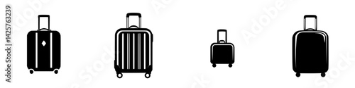 Various black suitcase icons representing different sizes and styles suitable for travel and transportation