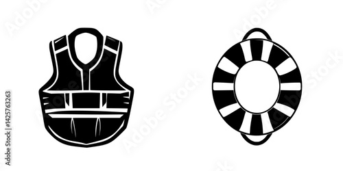 Black icons representing a life vest and a lifebuoy for safety in water activities