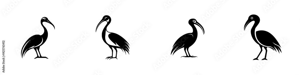 Fototapeta premium Set of black icons depicting various stork silhouettes on a plain background
