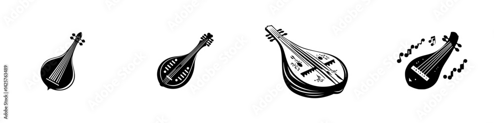 Various black icons of string instruments displayed in a row showcasing unique designs and shapes Various black icons of string instruments displayed in a row showcasing unique designs and shapes