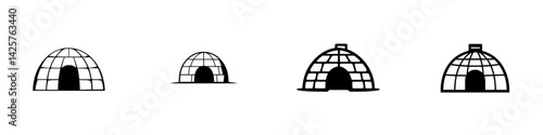 Set of black icons representing four different styles of igloos, showcasing varying designs and structures for various uses