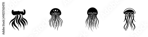 Black icons depicting various jellyfish designs showcasing unique patterns and forms for artistic representation