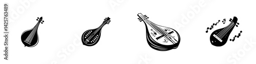 Various black icons of string instruments displayed in a row showcasing unique designs and shapes