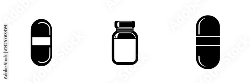Set of black icons representing various pharmaceutical items including capsules and a bottle outlined against white background