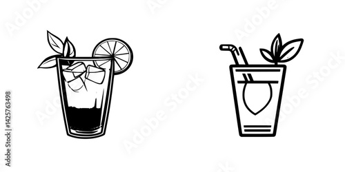 Illustration of two black icons representing refreshing beverage drinks with garnishes and ice in a minimalistic design