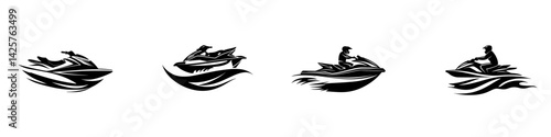 Set of black icons depicting jet skiers engaging in water sports activities on bright waves