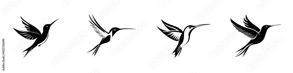 Fototapeta premium Stylized black icons of hummingbirds showing different positions in flight for design and illustration purposes
