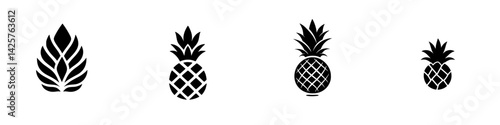 Collection of black pineapple icons illustrating various styles and sizes suitable for design projects or digital art applications