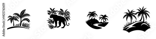 Black icons depicting tropical landscapes and wildlife with palm trees, a lion, and rocky terrains in a minimalistic style