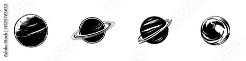 Vector illustration featuring black icons of planets with rings and textured surfaces, perfect for space design projects