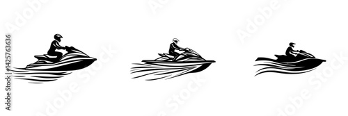 Three sleek black icons depicting riders on jet skis, showcasing movement and thrill on water