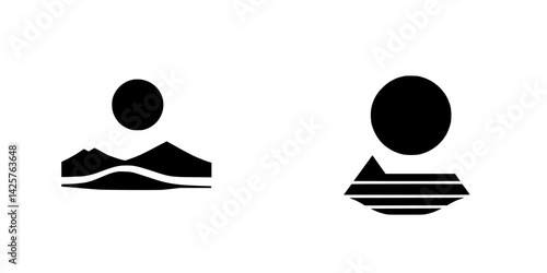 Black icon featuring mountains and sun with minimalist design elements for various applications
