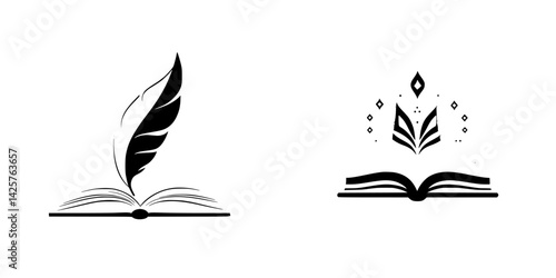 Elegant black icons depicting a quill and open book symbols, representing literature and creativity in a simple design