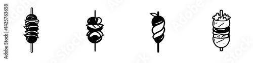 Variety of black icons representing skewered food items in a simple and modern design style for restaurant menus or food blogs